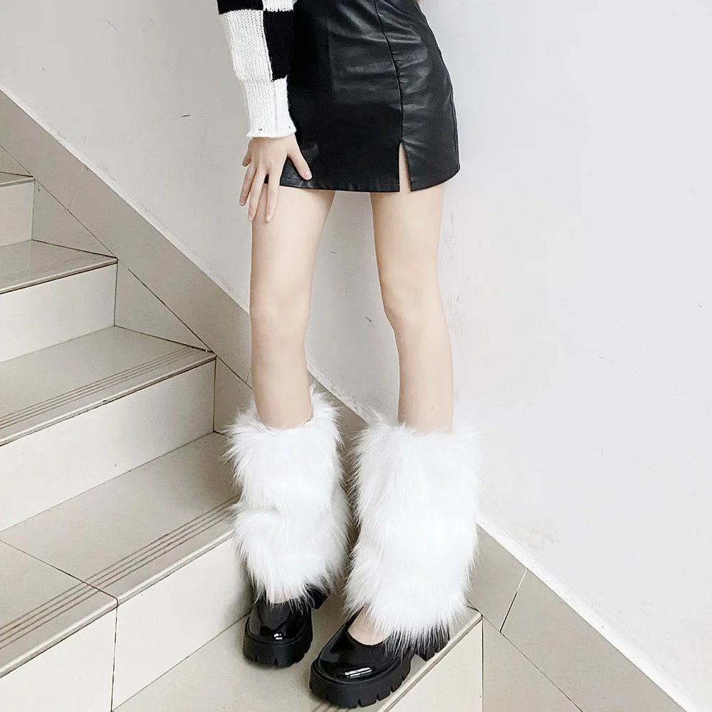Lbsfy E-girl Furry Leg Warmers Boot Covers Y2K Goth White Faux Fur Leg Warmers Punk Jk Knee-length Hiphop Warm Sock Fashion Socks