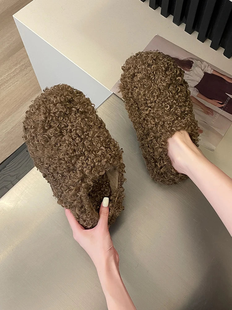 LBSFY  -  Winter Woman Slipper Platform Flock Cover Toe Shoes Med Slides Fur Flip Flops Pantofle Plush Flat 2024 Rubber Flat Shoes Female