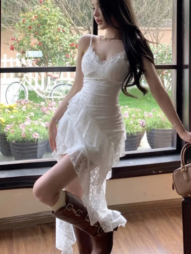 LBSFY -Women's Summer Ruffle Sexy Dresses White Lace Spaghetti Strap V-Neck Silm Fit Dress Vacation Party Evening Vestidos Fashion New