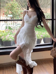 LBSFY -Women's Summer Ruffle Sexy Dresses White Lace Spaghetti Strap V-Neck Silm Fit Dress Vacation Party Evening Vestidos Fashion New