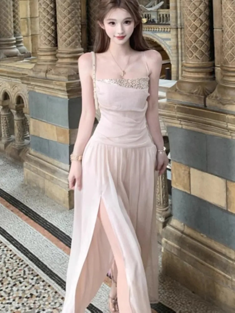 LBSFY -Summer Elegant Vintage Sequin Women's Sling Dresses Pleated Spaghetti Strap Sleeveless Midi Dress Party Holiday New Vestidos