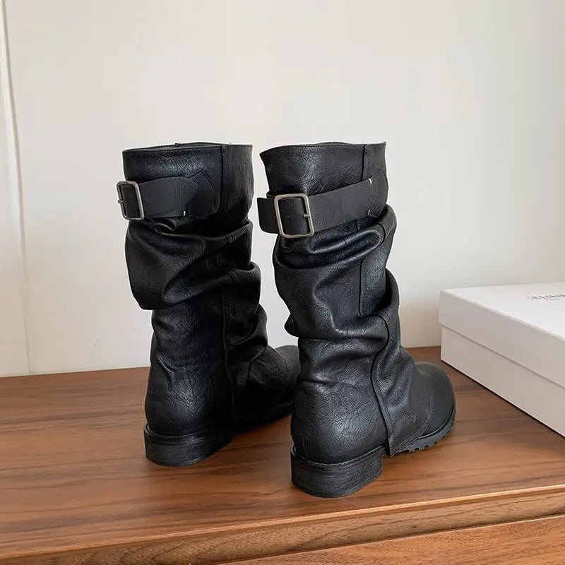 LBSFY  -  2025 New Genuine Leather Boots Women Pleated Mid Calf Boots Handmade Retro Western Boots Ladies Shoes