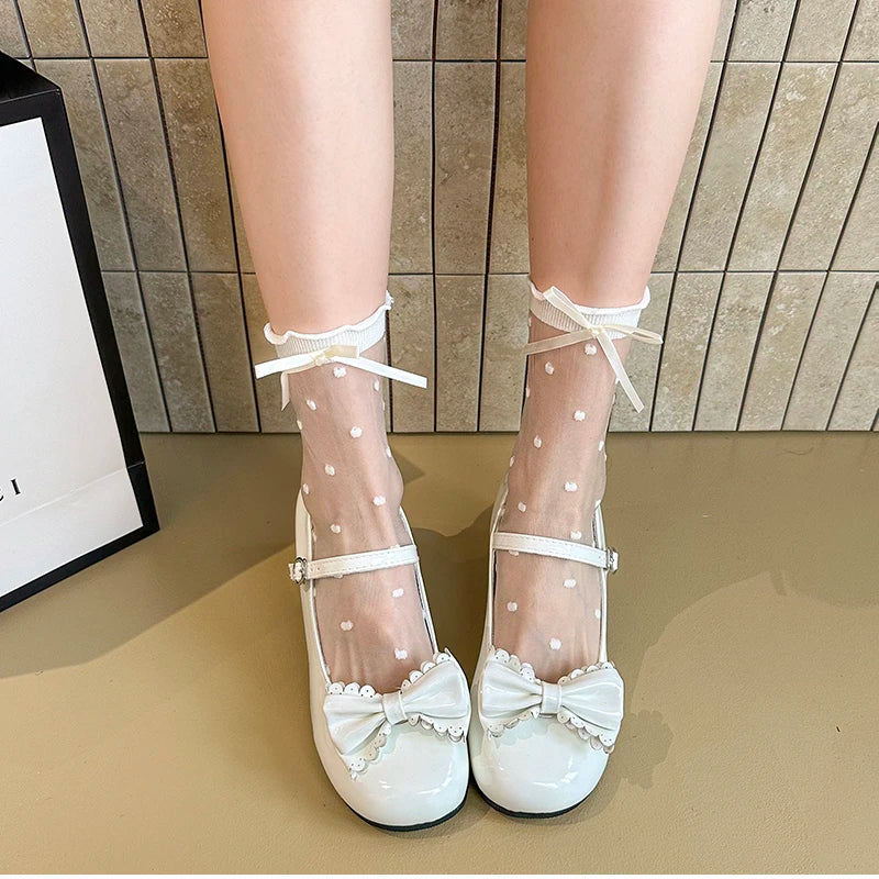 LBSFY -Cute Butterfly-knot Women Lolita Mary Jane Shoes Concise Thick Heel Leather Shoes Ladies Shallow Pumps