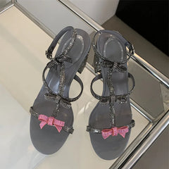 LBSFY  -  Luxury Rhinestones Bowknot Women Sandals Fashion Narrow Band Thick High heels Gladiator sandals Summer Party Shoes Sandalias