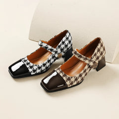 LBSFY  -   2024 New Women Retro Houndstooth Mary Janes Pumps Patent Leather Buckle Strap Block Thick Heeled Shoes Ladies Dress Spring 33-48