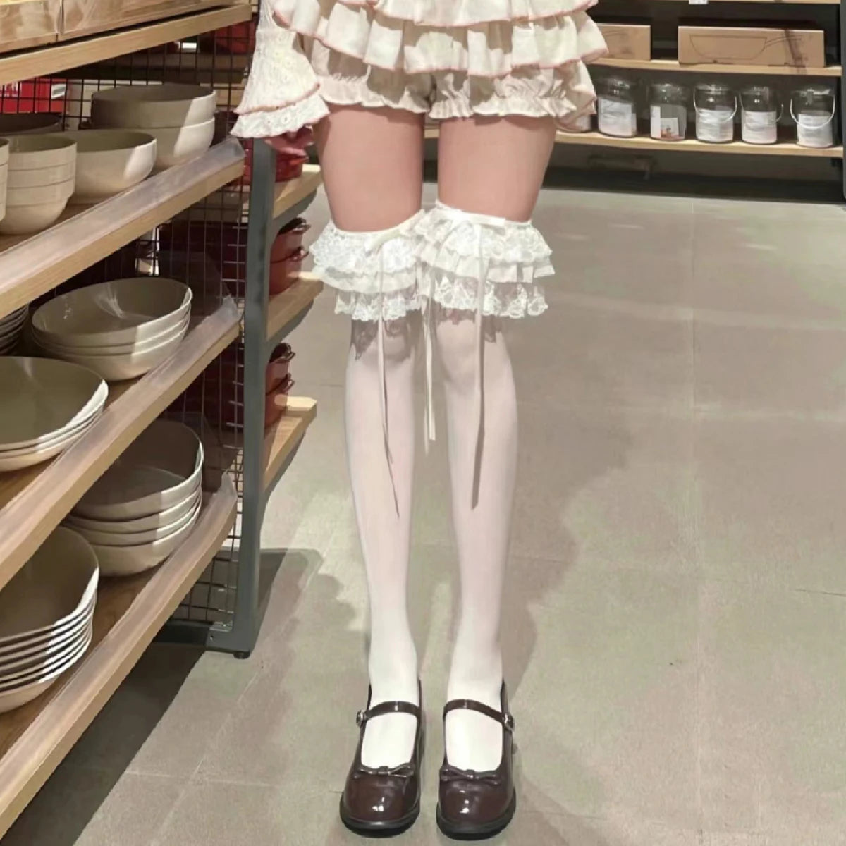 Lbsfy Women Socks Spring Summer Gothic Sweet Style JK Lolita Cute Kawaii Mullet Lace Soild Color Mid-tube Knee High Girls Like Socks