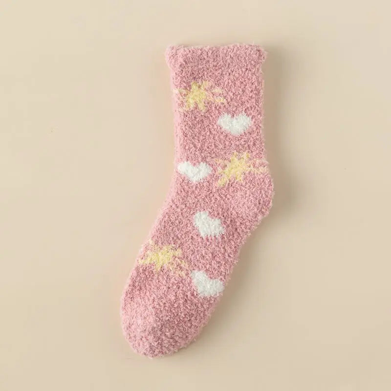 Lbsfy Socks Women Winter Warm Fluffy Fuzzy Cute Middle Tube Thick Thermal Soft Coral Fleece Floor Sleep Cartoon Star Short Crew Socks