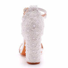 LBSFY  -  Wedding Shoes Bride Elegant White Lace Flower Pearl Design 9CM High Heels Female Pumps Summer Women Sandals