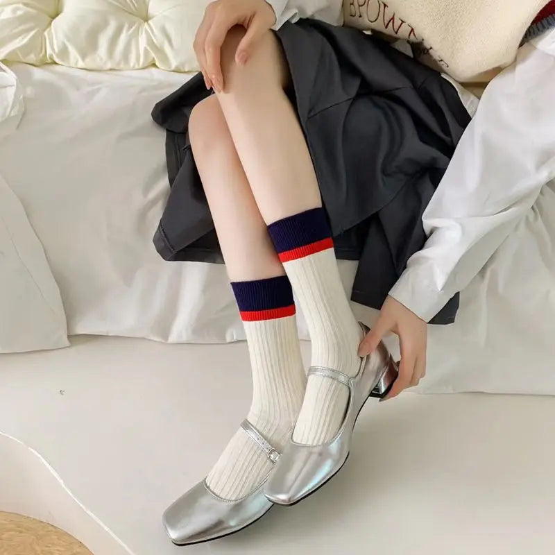 Lbsfy Fashionable Colorblocking Middle Tube Socks Girls Color Contrast Crew Sock Ins Popular Women's Socks Trendy Long Socks Woman