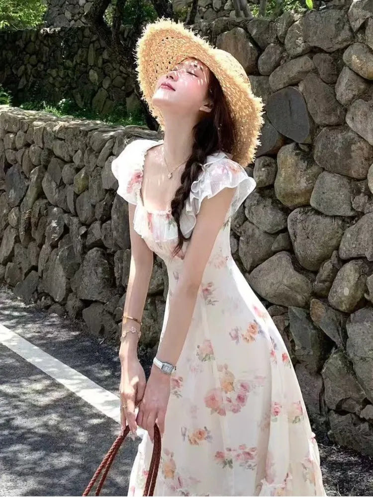 LBSFY -Fairy French Print Women's Dresses Roamntic Elegant Zipper Lace Up New Ruffles Slim Fit Folds Mejur Dress Summer Fashion Vestido