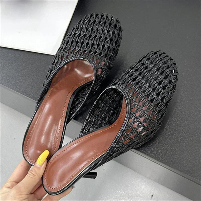 LBSFY -Summer Hollow Out Breathable Mesh Weaving Women Slippers Fashion Thin Heels Party Dress Mule Shoes Large Size 43