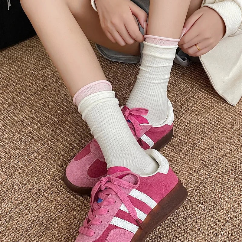 Lbsfy Autumn Winter Women's Tube Pile Socks Pure Cotton Double-layer Rolled Edge Y2K Trendy Sock Vertical Striped Cotton Female Socks
