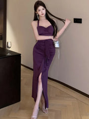 LBSFY -Elegant Sexy Bodycon Evening Party Dress Purple Halter Split Pleated Sling Women's Dresses 2025 Chic New Party Prom Gown Summer