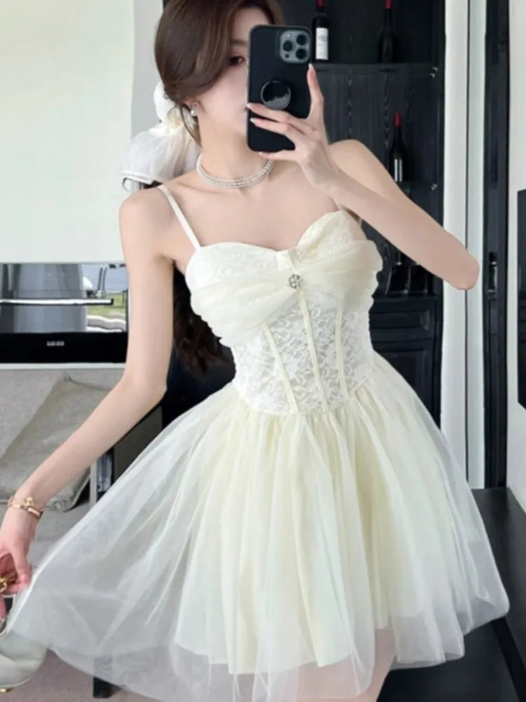 LBSFY -Summer Elegant Sweet Princess Dresses For Woman Spaghetti Strap Mesh A-Line Short Dress Birthday Party Evening Fashion New