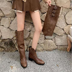 LBSFY  -  Hot Girls Brown Black Real Cow Leather Belt Buckles Round Toe Rivet Slip On Knee High Boots 4 CM Med Heels Two Ways Wear Boots