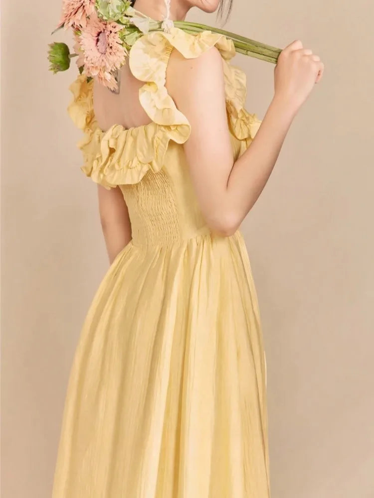 LBSFY -Yellow Ruffle Summer Chic French Pleated Long Dresses New Women's Flying Sleeve High Waist Square Collar Vacation Backless Dress
