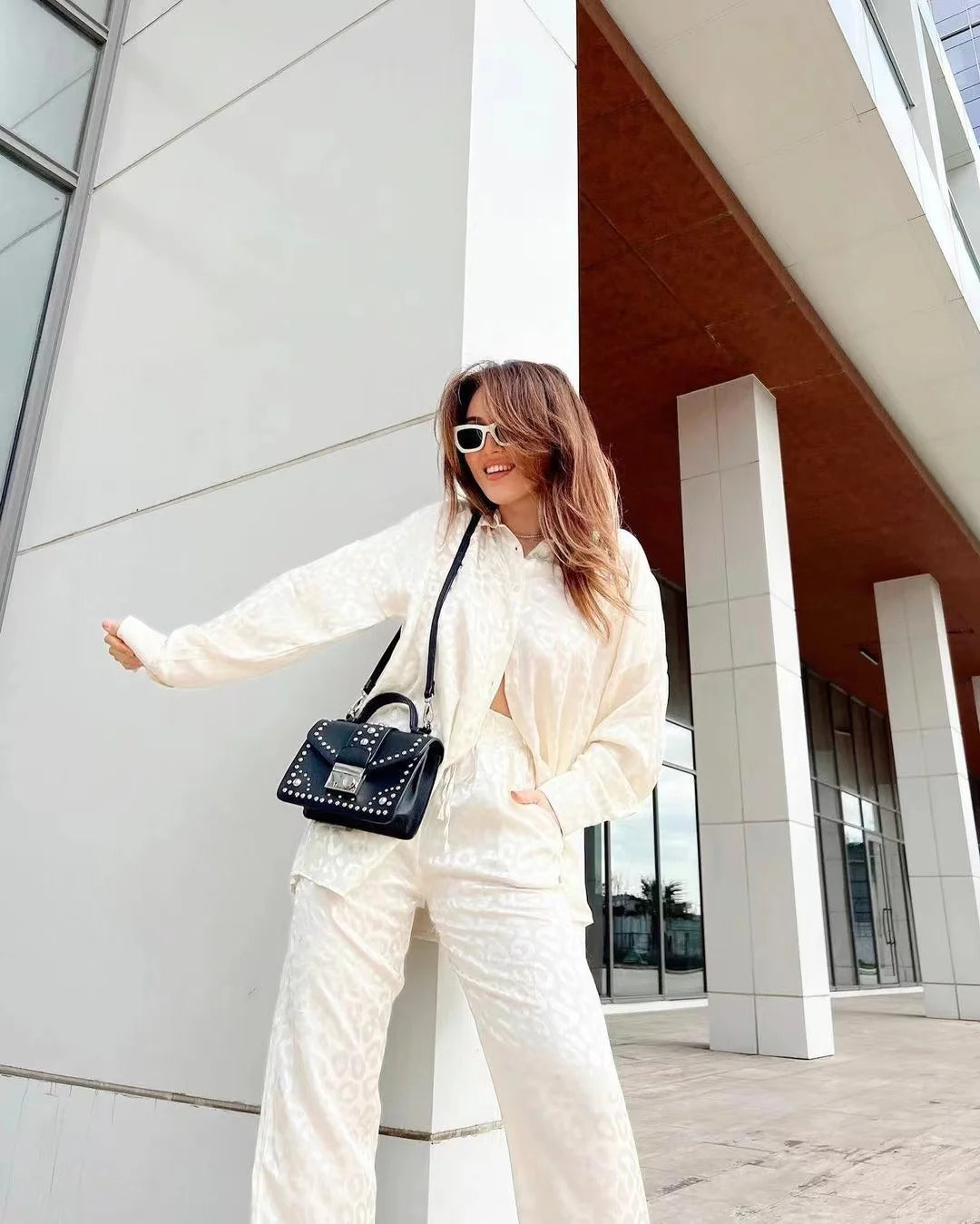 LBSFY  -  2024 Autumn White Satin Wide Leg Trousers Suit For Women Office Leopard Print Two-Piece Set Home Tracksuit Female Pajamas Sets