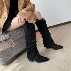 LBSFY  -  Large Size 34-43 New Faux Suede Knee High Boots Women Pointed Toe Block High Heels Pleated Fashion Boots Winter Shoes