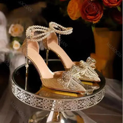 LBSFY -Spring Summer Fashion Pointed Toe Sandals Women's Rhinestone Pearl Butterfly Gold Silver High Heels Party Wedding Heeled Shoes
