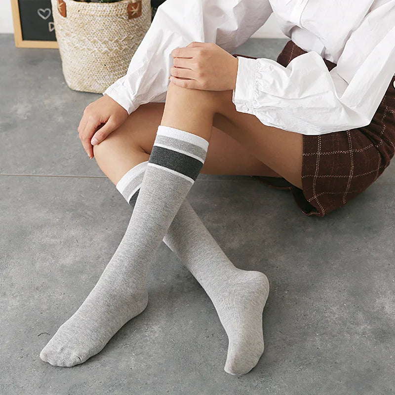 Lbsfy Korea Style Women Long Socks Warm Calf Cotton Socks Knee Socks Fashion Ladies Knee High Striped Socks Girls School Lolita Socks