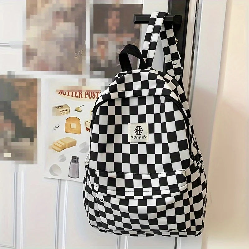 LBSFY -Leisure Backpack Korean Version Checkered Contrasting Color Design, Daily Same Class Backpack, Casual Simple Middle and High Sch
