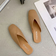 LBSFY  -  Women Mules 2024 Summer Elegant Square Closed Toe Flat Slippers Female Shoes Casual Leather Black White Slides Plus Size 35-41
