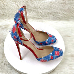 LBSFY  -  Sexy Designer Thin High Heels Women Round Toe Denim Striptease Party Banquet Shoes Height 12cm Hollow Luxury Brand Sandals Women