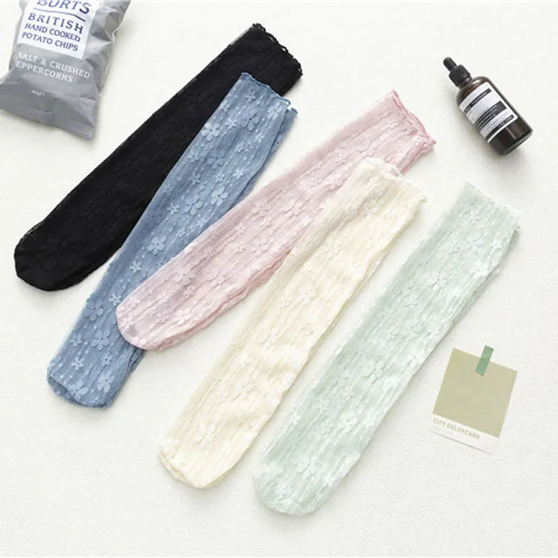 Lbsfy Women Lace Flower Hollow-Out Socks Retro Lolita Cute Summer Thin Middle Tube Transparent Socks Sweet Breathable Designer Socks