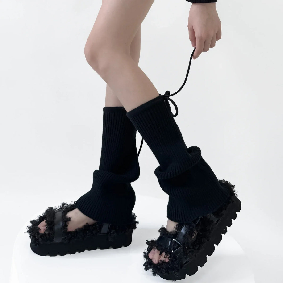 Lbsfy Y2K Strappy Design Flared Leggings Korea Women Knitted Covers Socks Leg Warmers Winter Thickened Calf Socks Harajuku Leg Covers