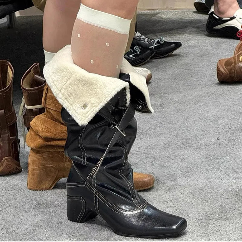 LBSFY  -   Fashion Autumn Winter Leather Warm Fur Belt Buckle Women Mid-calf Boots Vintage Sewing High heels Western Cowboy Knight Boots