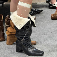 LBSFY  -   Fashion Autumn Winter Leather Warm Fur Belt Buckle Women Mid-calf Boots Vintage Sewing High heels Western Cowboy Knight Boots