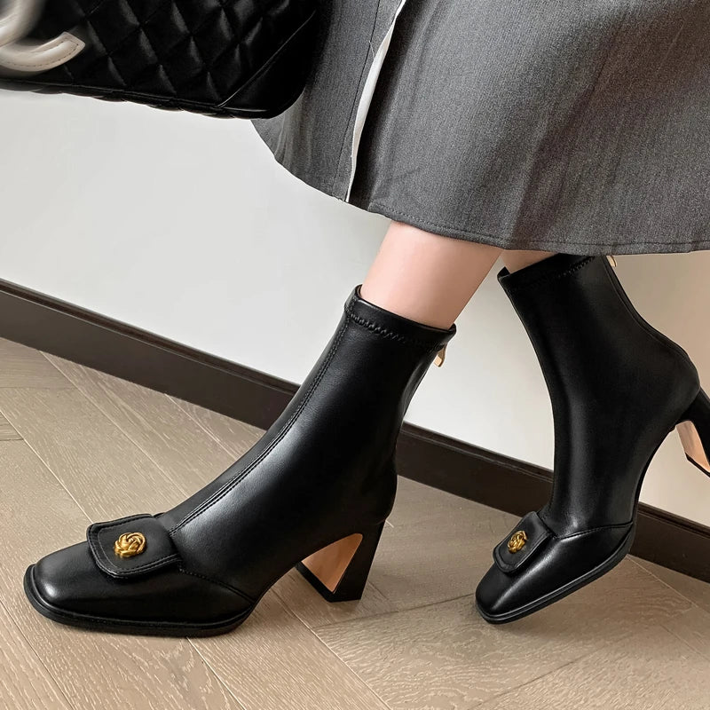 LBSFY -New Women's High Quality Zipper Design High Heels Womens Boots Trend Metal Decoration Casual Party Autumn Women's Ankle Boots