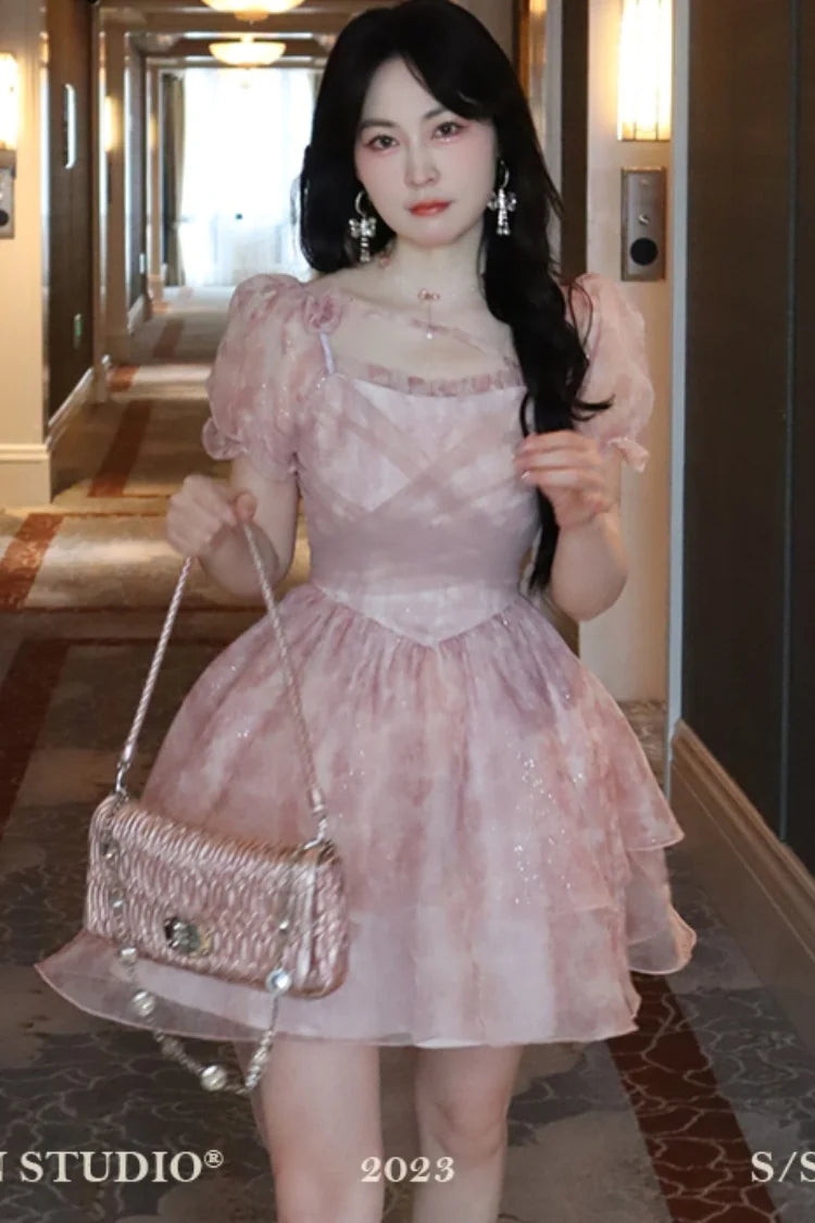LBSFY -Korean Sweet Lace-up Mini Dress Elegant Print Puff Sleeve Ball Gown Birthday Party Short Dresses Summer Spring Princess Vestidos