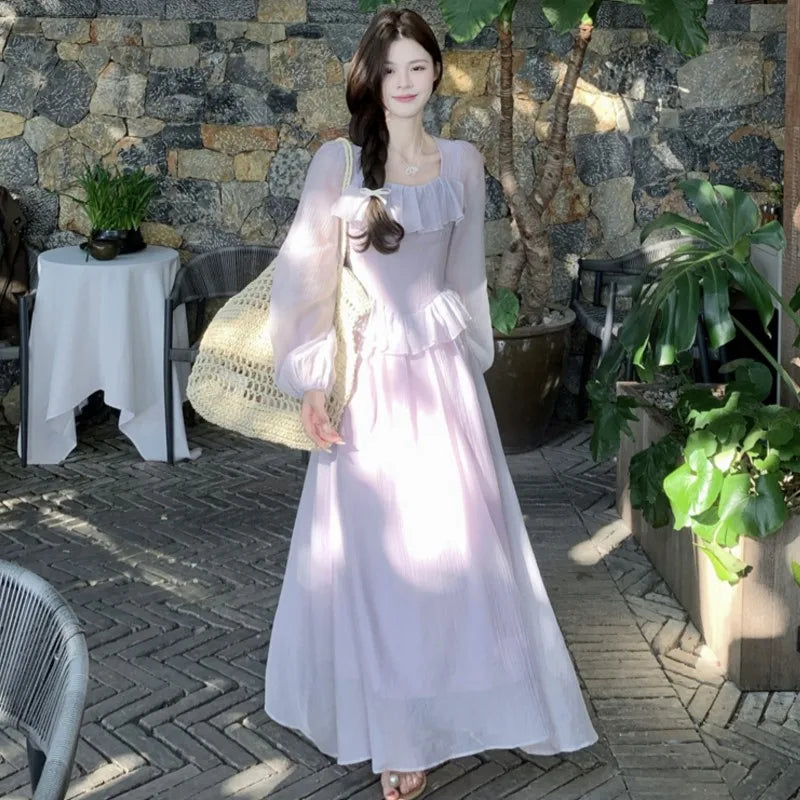 LBSFY -Elegant French Romantic Ruffles Chiffon Purple Women's Dresses Square-Collar Slim Waist Long Sleeves  korean Dress Vacation New
