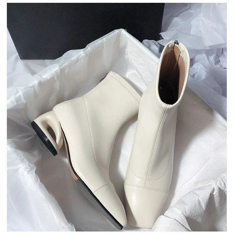 LBSFY -New Women's Metal Hollow Heel Iron Head Metal Pointed Toes Modern Short Boot for Women Winter Street Style Low Heel Boots Female