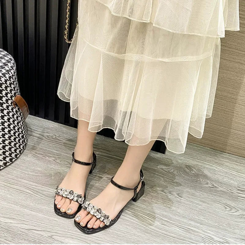 LBSFY  -  Ladies Shoes Square Heels Summer 2024 Diamond Footwear Beige Sandals for Women Rhinestones Medium One Word Asian Size F Korea