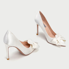 LBSFY  -  Point Toe White Bow Thin High Heel Bridal Shoes Women Size 41 To 44 Bridesmaid Wedding Shoes Female