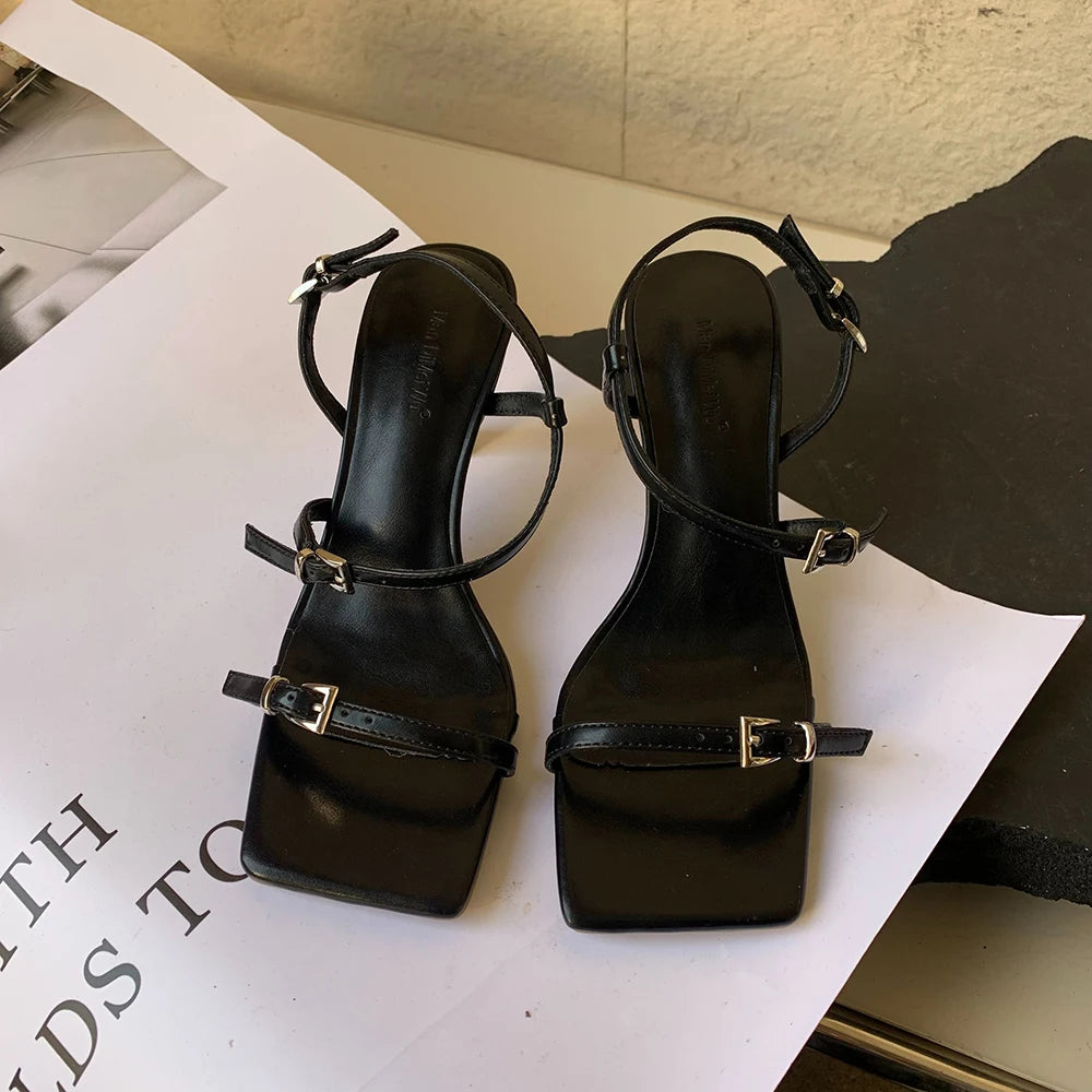 LBSFY  -  Women's Shoes Sandals Square Toe Slim Heels 2024 Summer New Open Toe, One Line Buckle High Heels