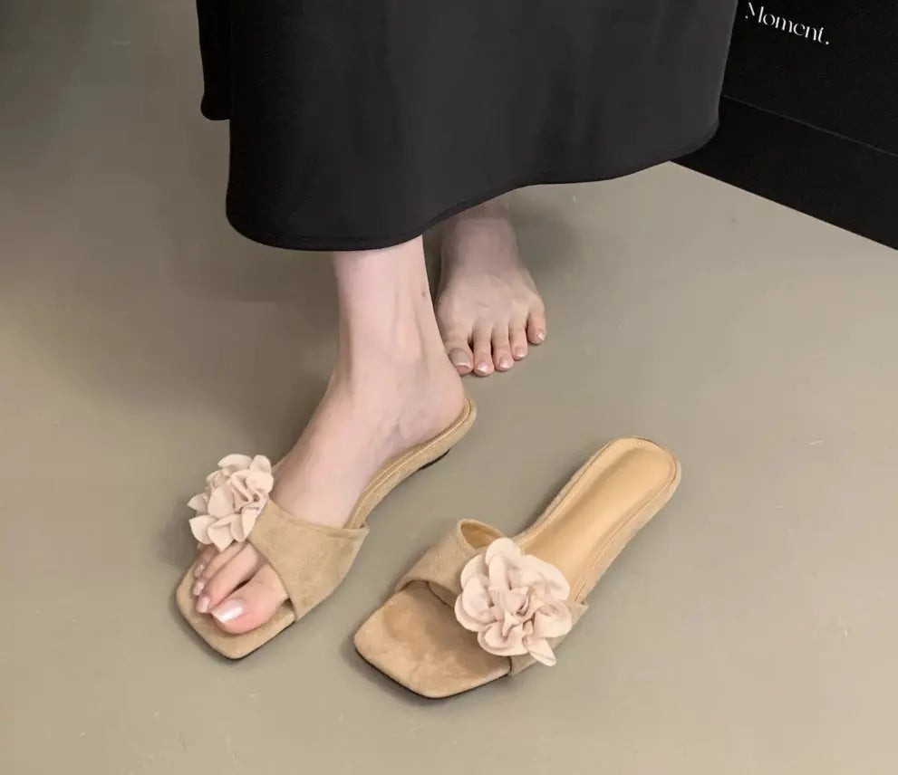 LBSFY -Women French Flowers Slippers Summer Slides Open Toe Flat Casual Shoes Leisure Sandal Female Vacation Beach Flip Flops
