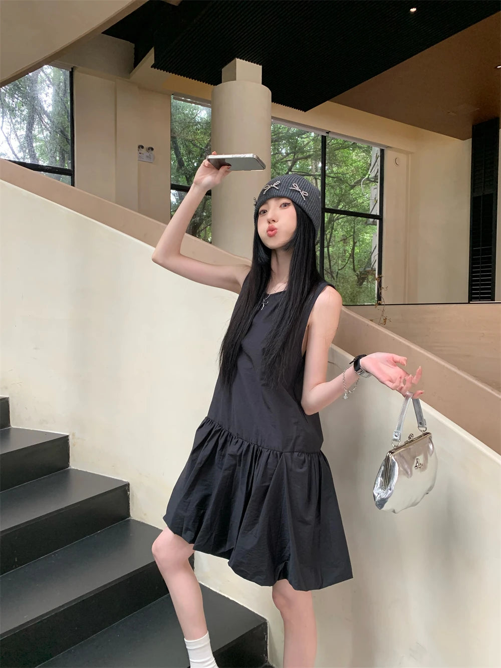 LBSFY -Summer Elegant Korean Solid Short Women's Dress Sweet Sleeveless O-Neck Loose-Fit Casual Office Lady Ball Gown Mini Skirt 2025