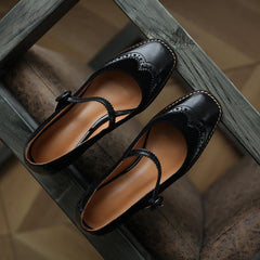 LBSFY  -  Genuine Leather Mary Jane Women's Shoes Fashion Retro Buckle Shallow Pumps Square Toe Thick Heel Handmade Shoes Woman Size 34-40
