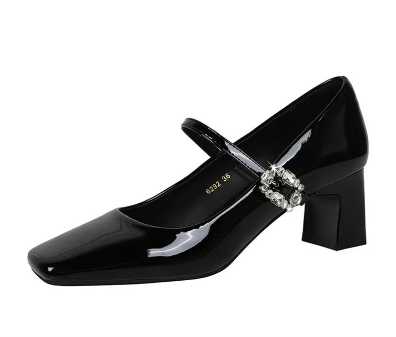 LBSFY -Banquet Mary Jane Women Single Shoes Square Toe Light Mouth Patent Leather One-Striped Rhinestone Buckle Thick Heel Medium Heel