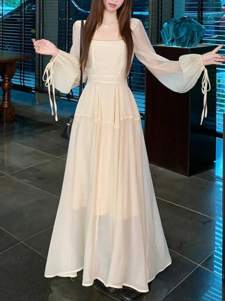 LBSFY -Fairy French Elegant Women Midi Dress Square-Collar Long Sleeve Slim Waist Dresses Sweet Casual 2025 New Mujer Vestidos Summer