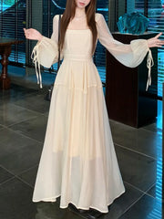 LBSFY -Fairy French Elegant Women Midi Dress Square-Collar Long Sleeve Slim Waist Dresses Sweet Casual 2025 New Mujer Vestidos Summer