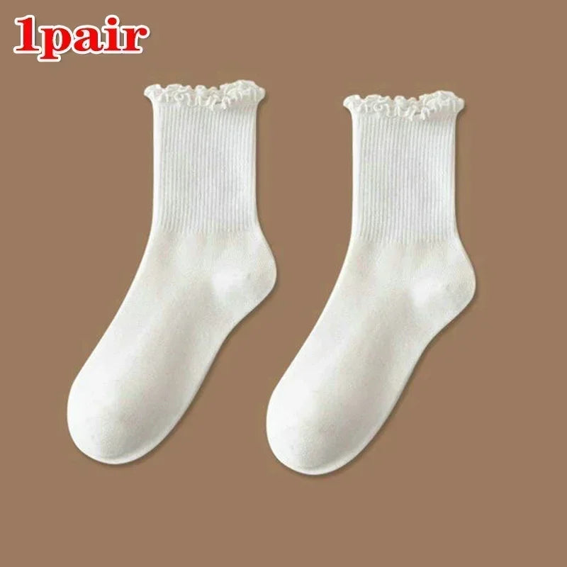 Lbsfy 1/3pairs Cute Cotton Ruffles Ankle Sock Women Autumn Black White Middle Tube Breathable Japanese Sock Lolita Kawaii Korean Stock