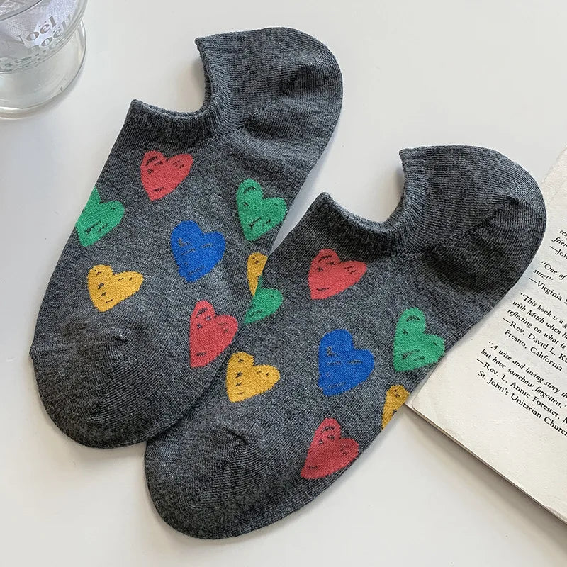 Lbsfy Spring Summer Socks Women's Combed Cotton Sweat Style Leisure Low Cut Love Print Invisible Socks Girls Gift Korean Street Sox