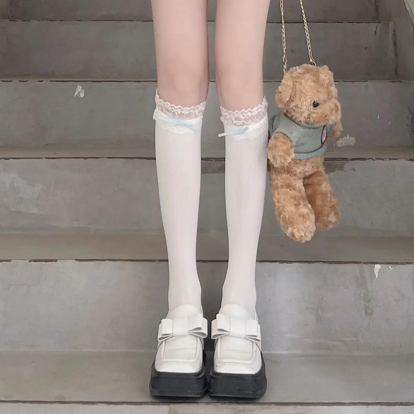Lbsfy Sweet Ruffle Calf Stockings Women Girls Y2K Bowknot Long Socks Nylon Princess Fishnet Leggings JK Lolita Lace Stripe Hosiery