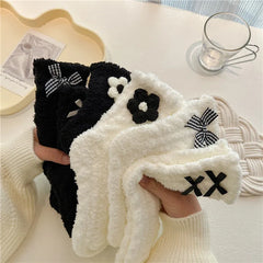 Lbsfy Women Cute Fuzzy Socks White Black  Winter Warm Fleece Kawaii Flower Bowknot Fluffy Socks Fashion Thicken Home Floor Sleep Sock
