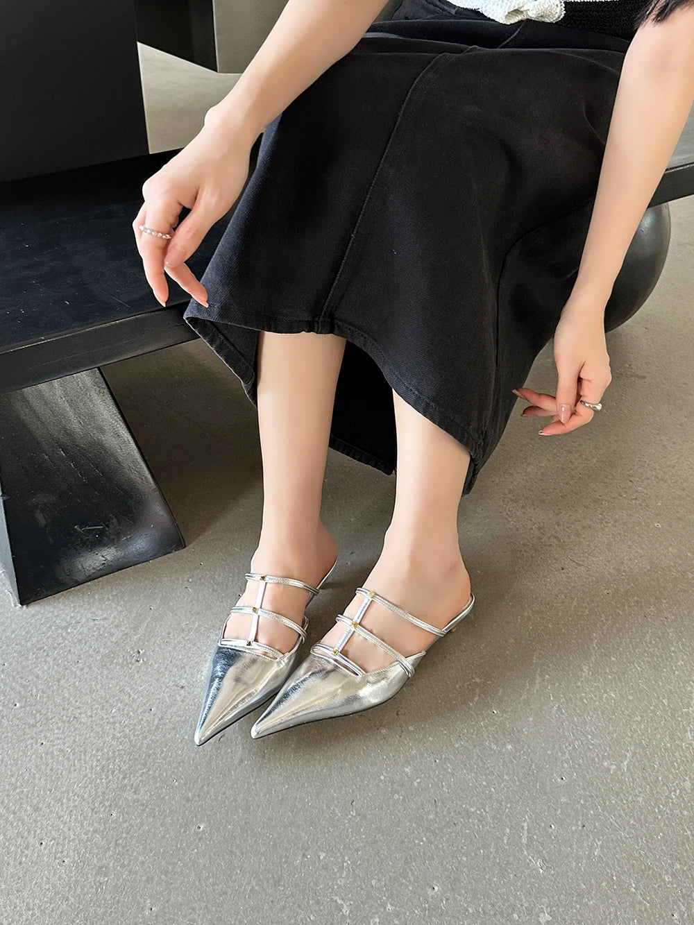 LBSFY  -  Fashion Women Slides Slippers Pointed Toe Summer Outside Mules Shoes Thin Mid Heels Black White Silver Gold Sandals Office Pumps