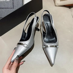 Lbsfy Mules Sandals Women Metal Decoration Pointed Low Heel Slingback Shoes Fashion Office High Heels Female Zapatos De Mujer